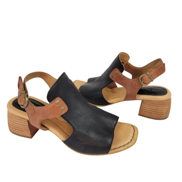 Born Black & Brown Leather Open-Toe Block Heel Sandals 7M - Picture 1 of 12